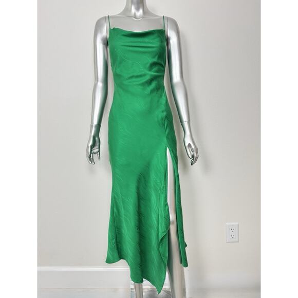 Alice + Olivia Dress Silk Midi Draped Emerald Green Asymmetric w Slit - Picture 1 of 16